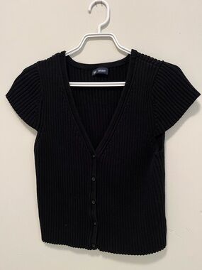 GAP Cotton cropped Black Ribbed Button-Front Short Sleeve Knit Top Cardigan